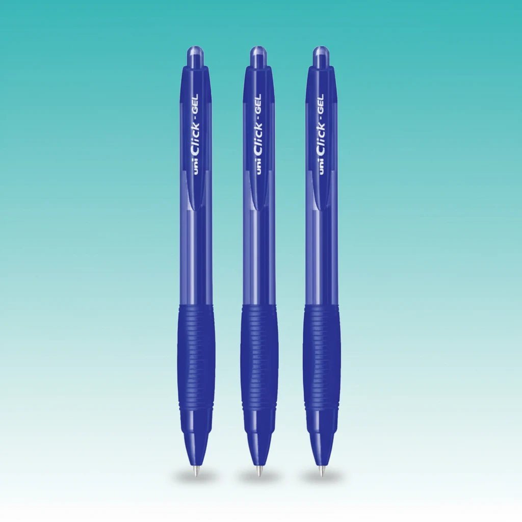 Uniball Click Gel Pen Black by Gifthubmart — three blue-bodied gel pens