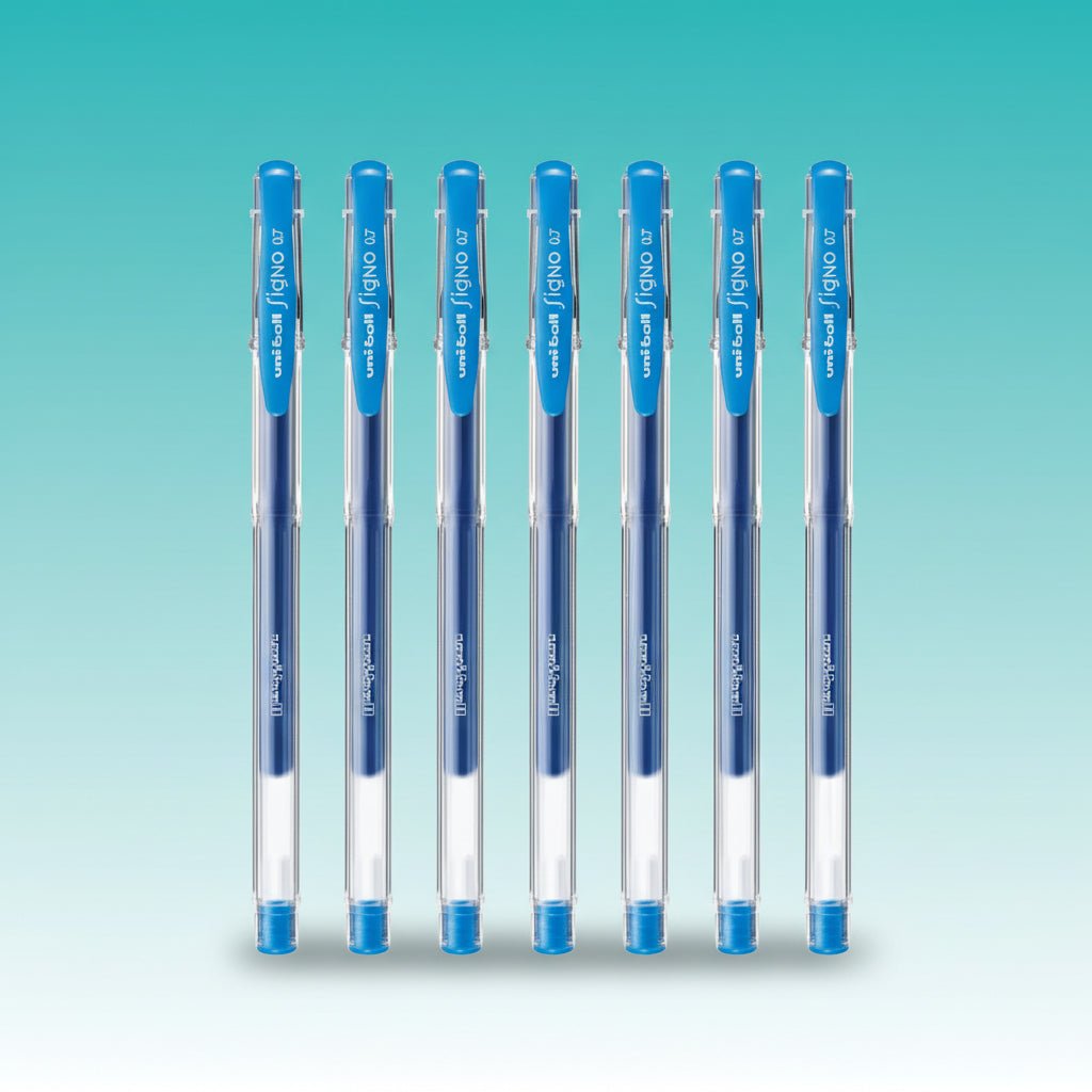 Uniball Signo Gel Pen UM-100 by Gifthubmart, blue gel pens — set of seven