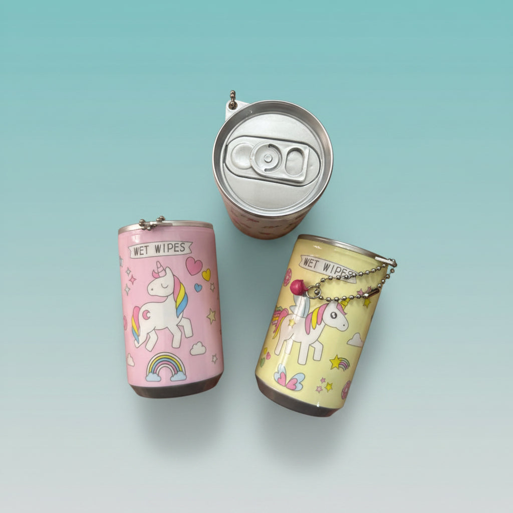 Three Wet Wipes Cans by Gifthubmart in pink and yellow unicorn designs.