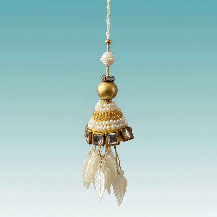 Gifthubmart White Pearl and Leaves Lumba pendant ornament with white pearl beads and leaf fringe