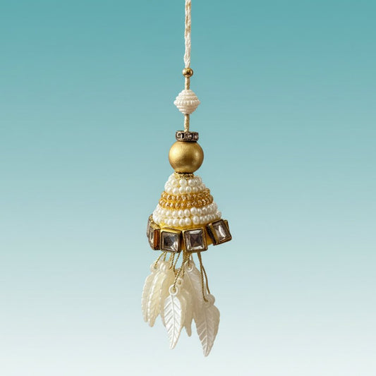 Gifthubmart White Pearl and Leaves Lumba pendant ornament with white pearl beads and leaf fringe