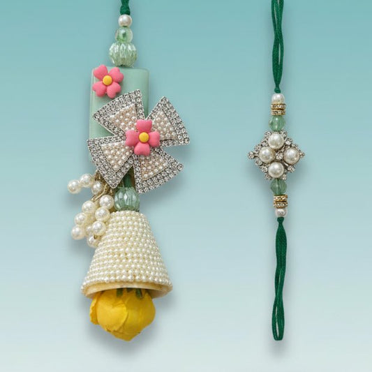 Gifthubmart White Pearls And Stones BB Rakhi with green thread and pink flower accents