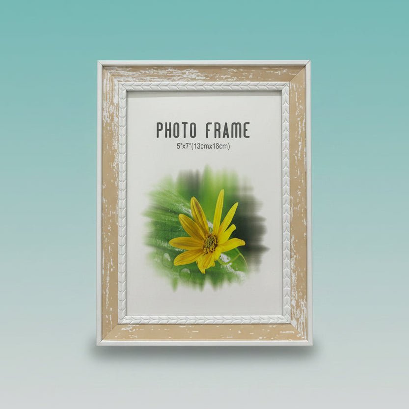 Wooden photo frame PS4516 5x7 by Gift Hub Mart with distressed beige finish and white inner trim