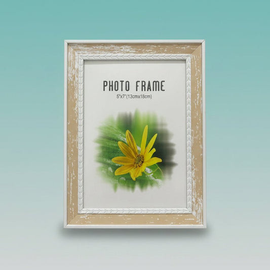 Wooden photo frame PS4516 5x7 by Gift Hub Mart with distressed beige finish and white inner trim