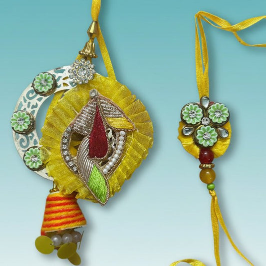Gifthubmart Yellow BB Rakhi set of 2 with decorative yellow bead and floral accents